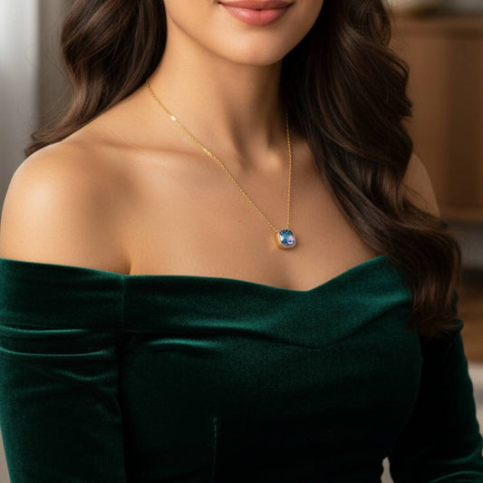 Premium Blue Shine Square Pendant Necklace