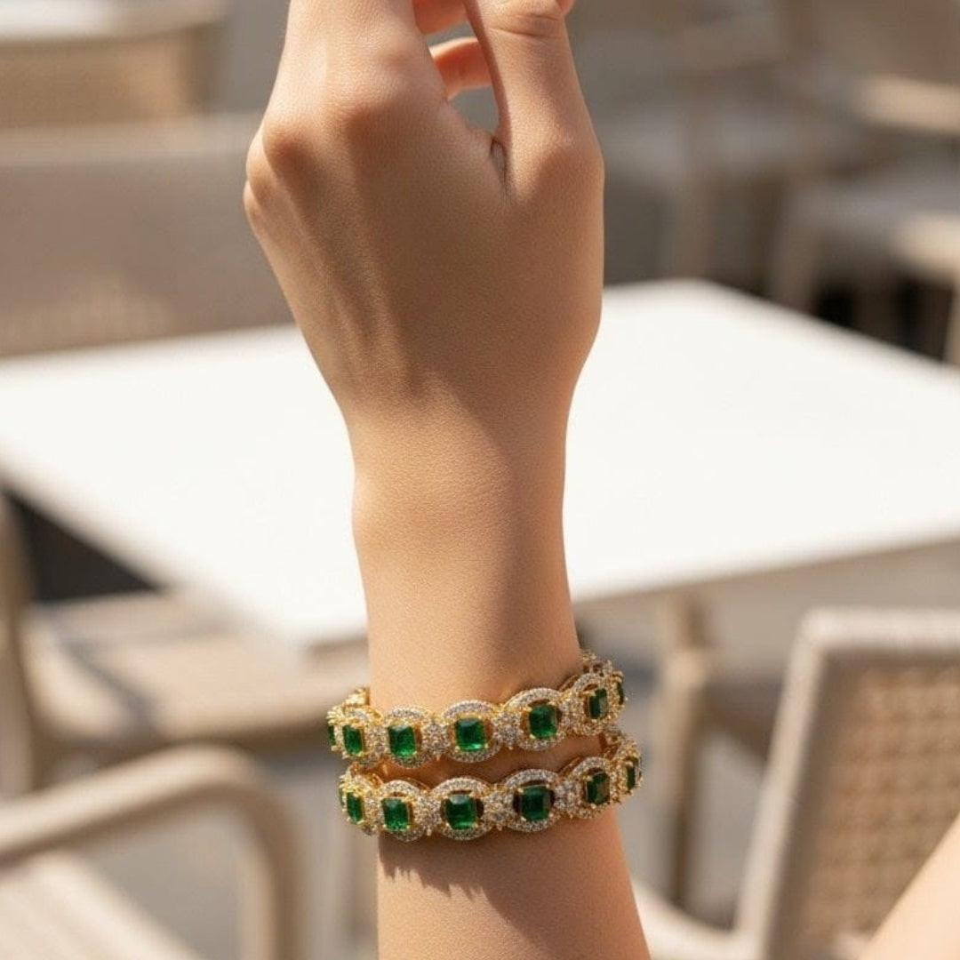 Premium Turkish Gold-Plated Zarqoon Bangles (2 Pcs) – Green Color Available