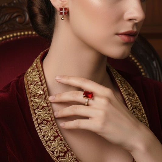 3-Piece Square Shape Red Crystal Jewellery Set with 2 Earrings and 1 Ring