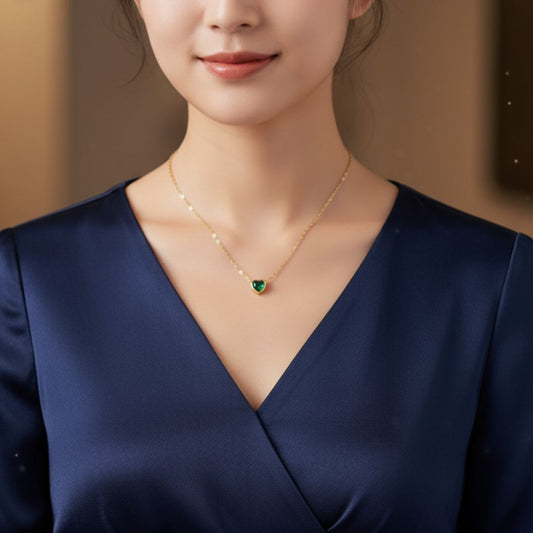 Gold Plated Minimalist Heart Pendant Necklace with Emerald Green Stone 💚