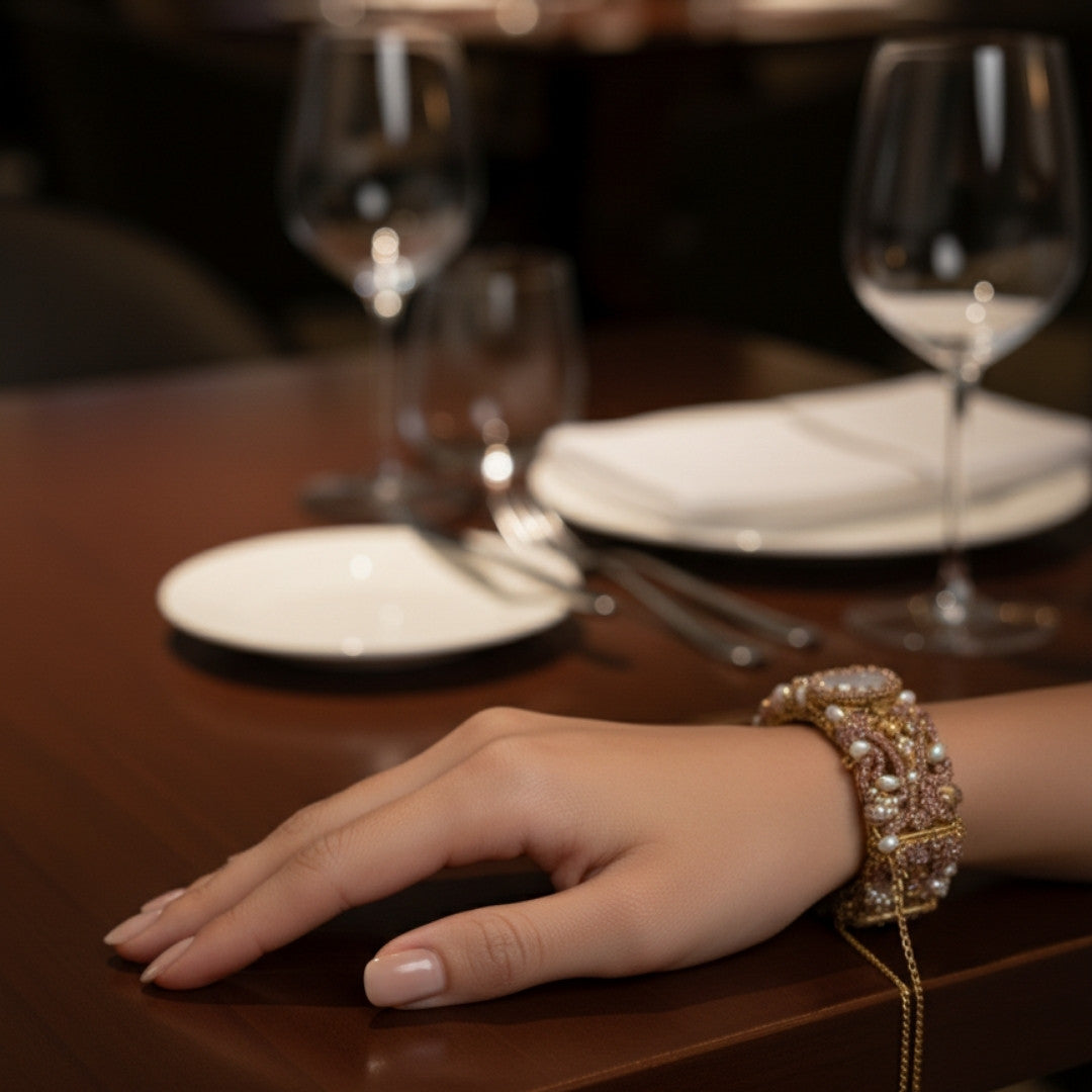 Turkish Zarcon Hand Cuff – Pink & Gold Shine