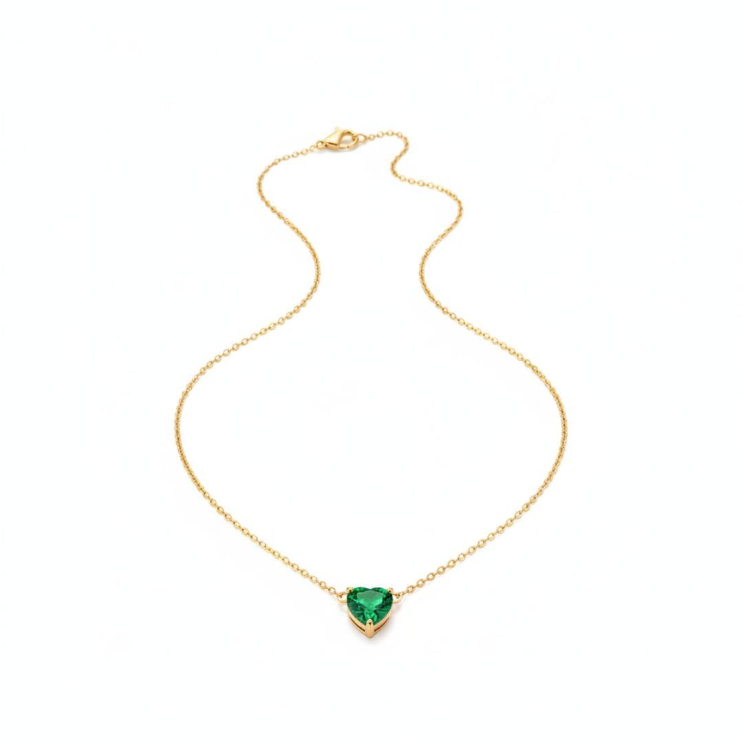 Gold Plated Minimalist Heart Pendant Necklace with Emerald Green Stone 💚