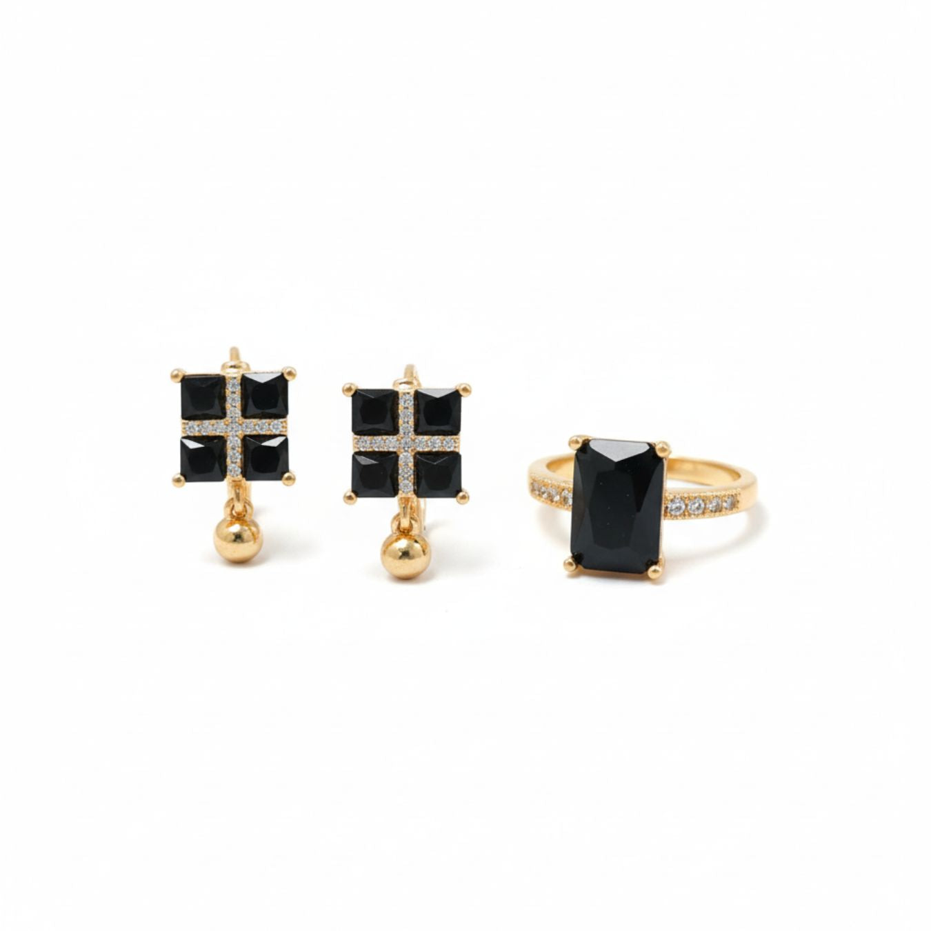 3-Piece Square Shape Black Crystal Jewellery Set with 2 Earrings and 1 Ring