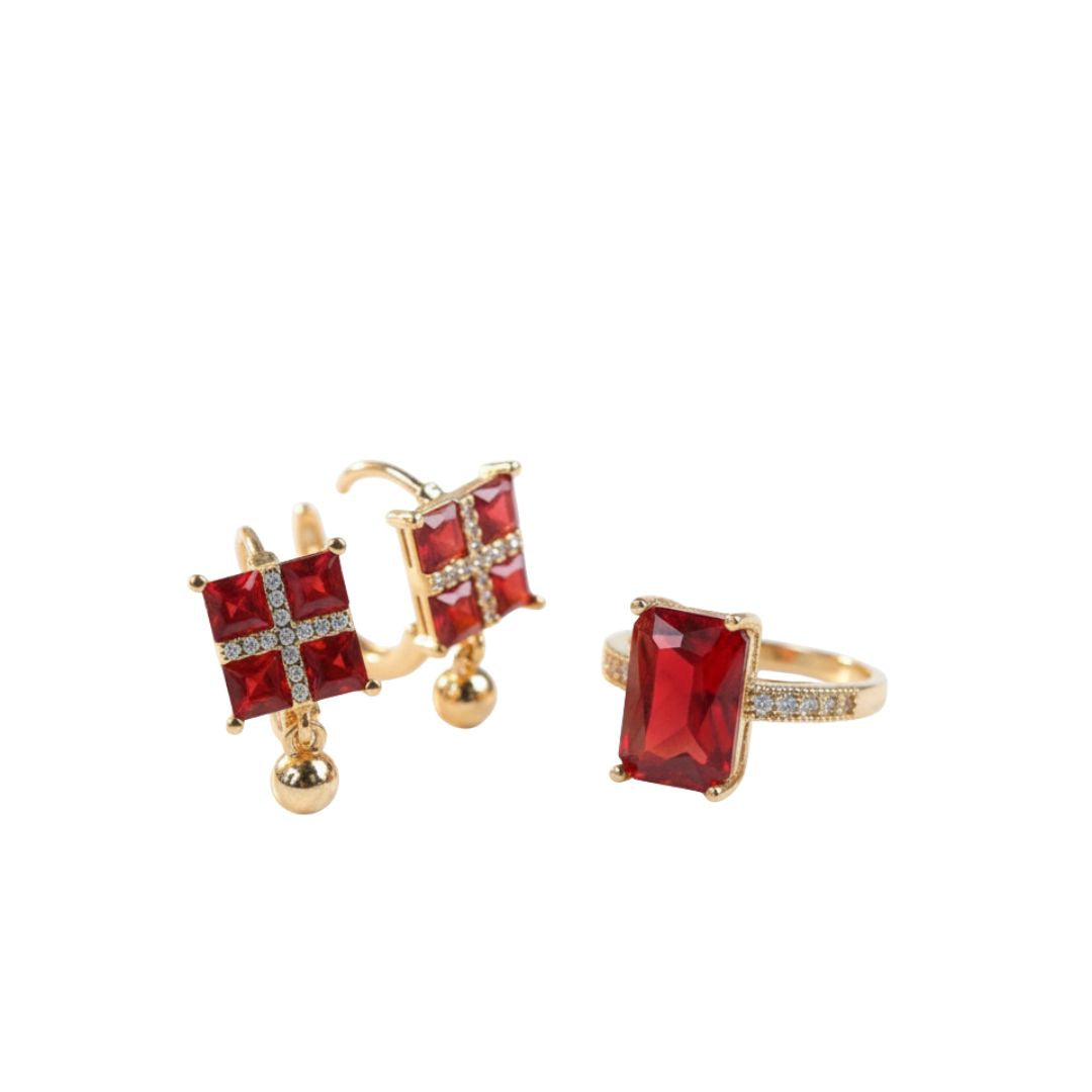 3-Piece Square Shape Red Crystal Jewellery Set with 2 Earrings and 1 Ring