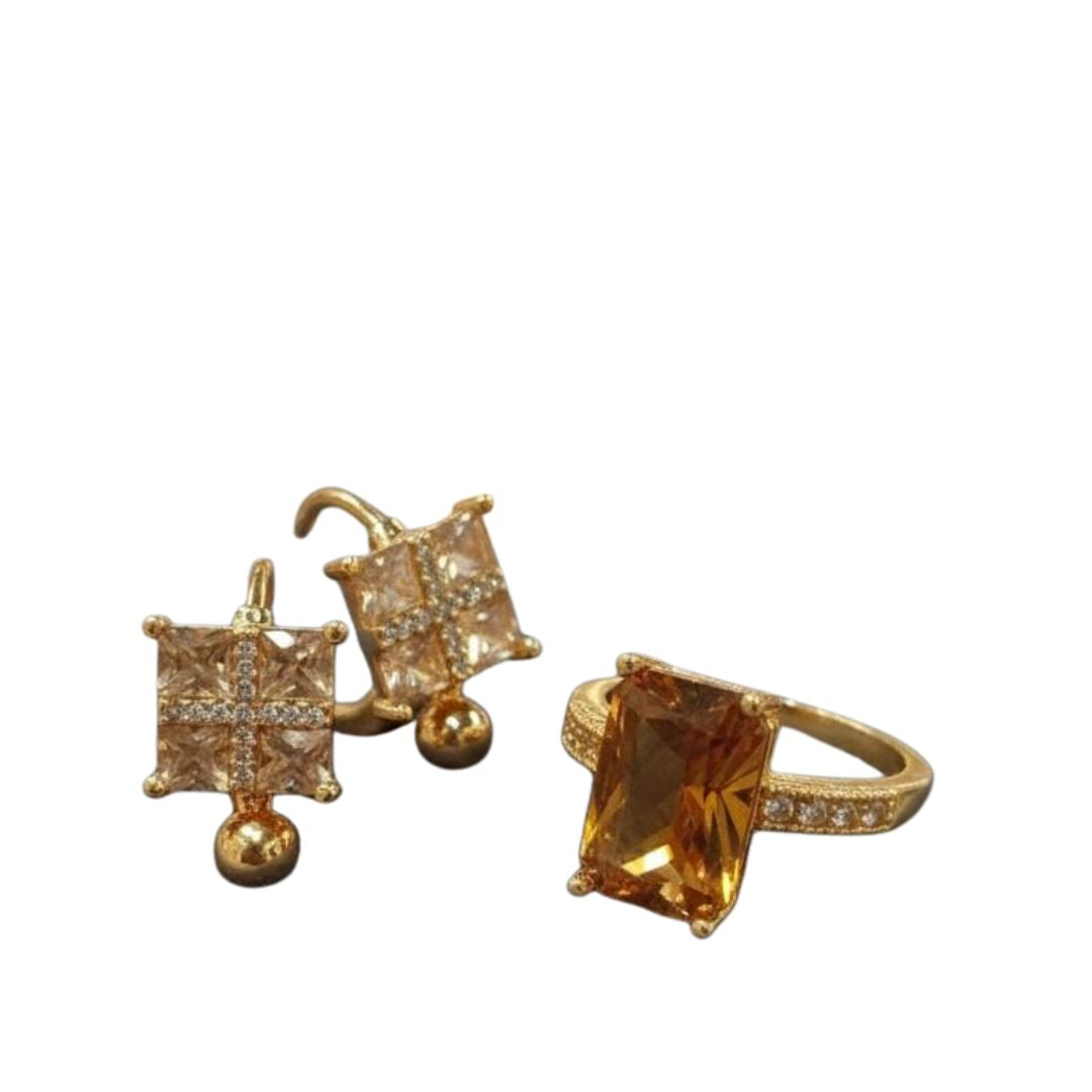 3-Piece Square Shape Golden Crystal Jewellery Set with 2 Earrings and 1 Ring