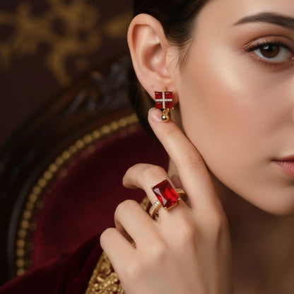 3-Piece Square Shape Red Crystal Jewellery Set with 2 Earrings and 1 Ring