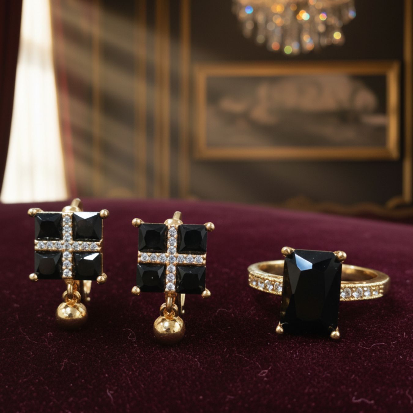 3-Piece Square Shape Black Crystal Jewellery Set with 2 Earrings and 1 Ring