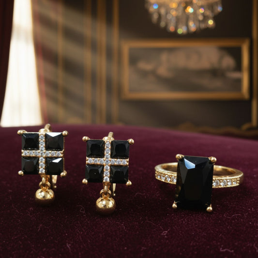 3-Piece Square Shape Black Crystal Jewellery Set with 2 Earrings and 1 Ring