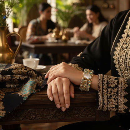 Turkish Zarcon Hand Cuff – Sky Blue & Gold Shine