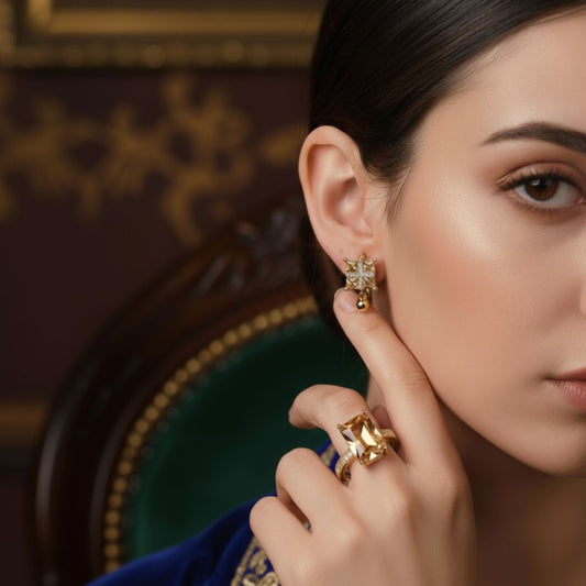 3-Piece Square Shape Golden Crystal Jewellery Set with 2 Earrings and 1 Ring