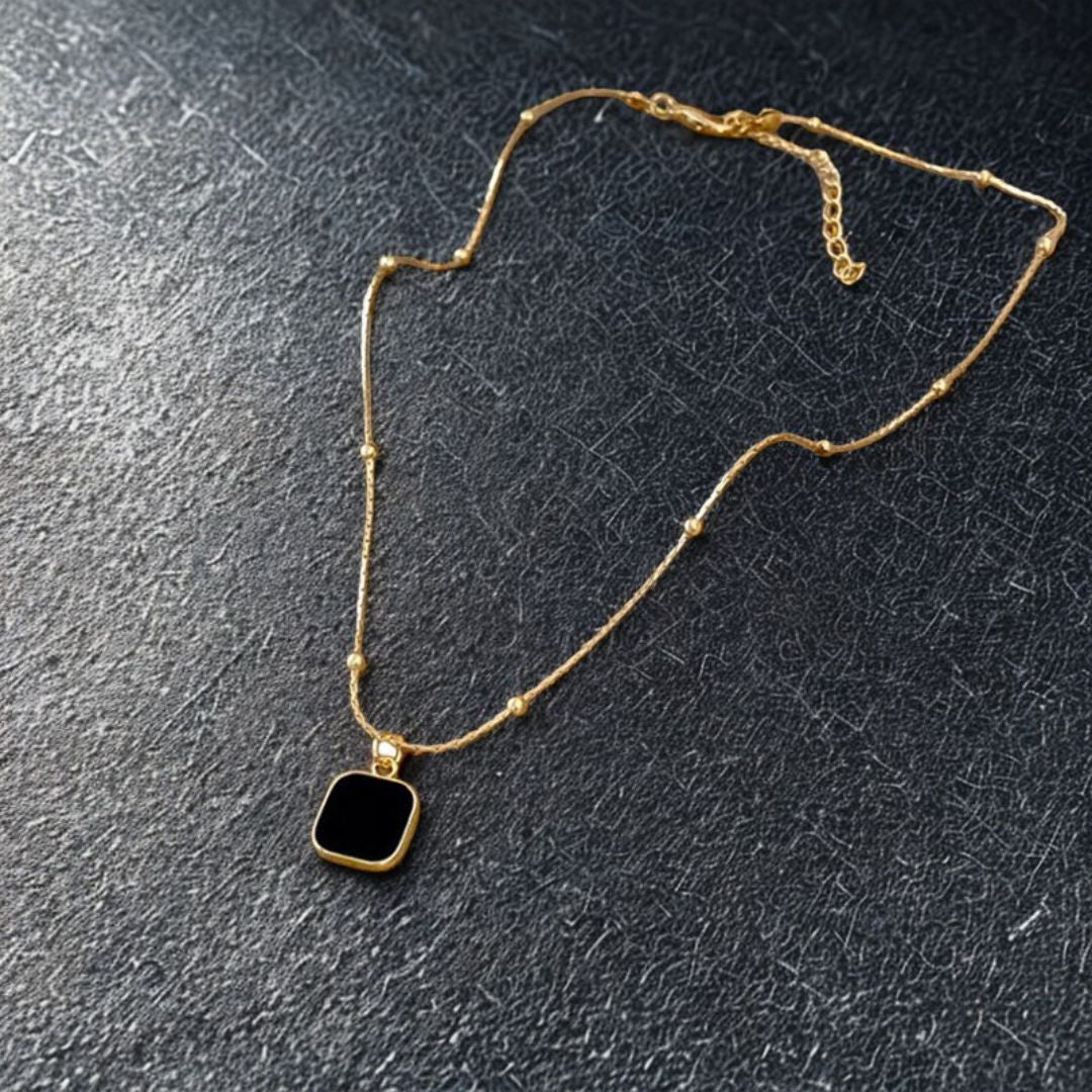 Premium Black Stone Square Pendant Necklace