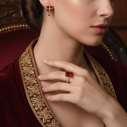 3-Piece Square Shape Red Crystal Jewellery Set with 2 Earrings and 1 Ring