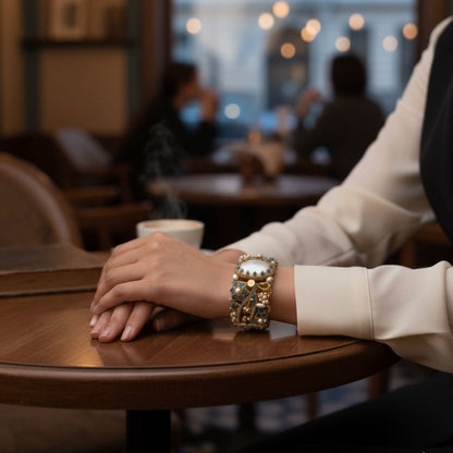 Turkish Zarcon Hand Cuff – Sky Blue & Gold Shine