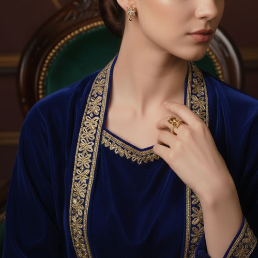 3-Piece Square Shape Golden Crystal Jewellery Set with 2 Earrings and 1 Ring