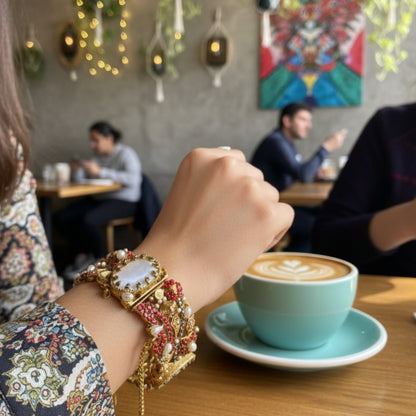 Turkish Zarcon Hand Cuff – Red & Gold Shine