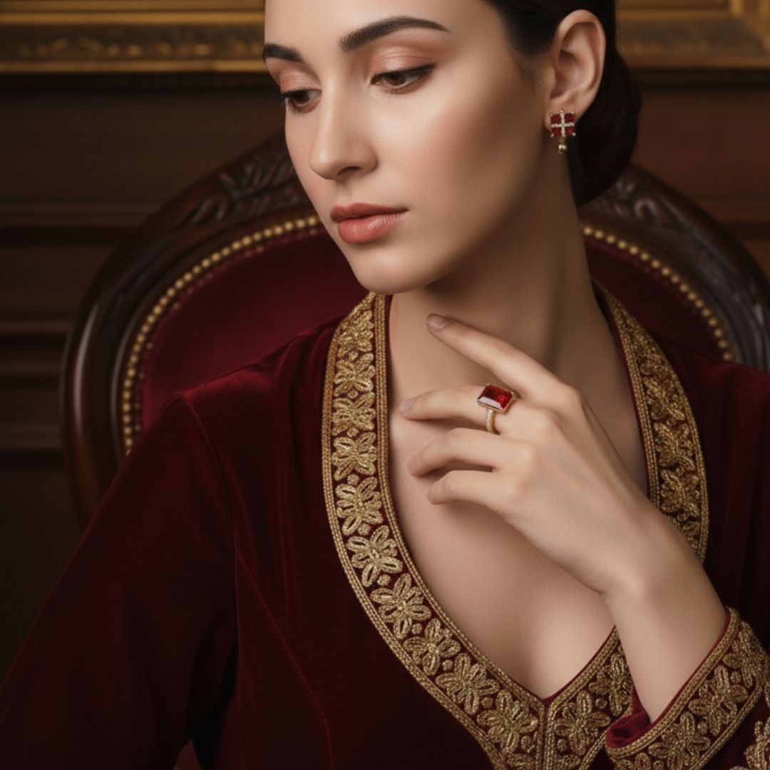 3-Piece Square Shape Red Crystal Jewellery Set with 2 Earrings and 1 Ring