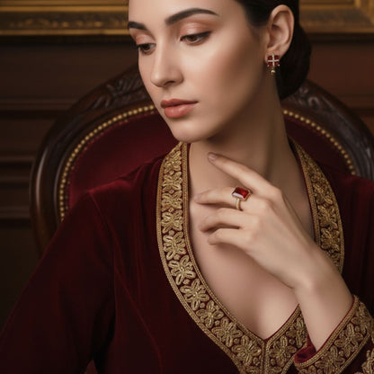 3-Piece Square Shape Red Crystal Jewellery Set with 2 Earrings and 1 Ring