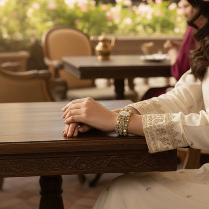 Turkish Zarcon Hand Cuff – Sky Blue & Gold Shine