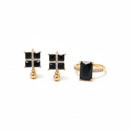 3-Piece Square Shape Black Crystal Jewellery Set with 2 Earrings and 1 Ring